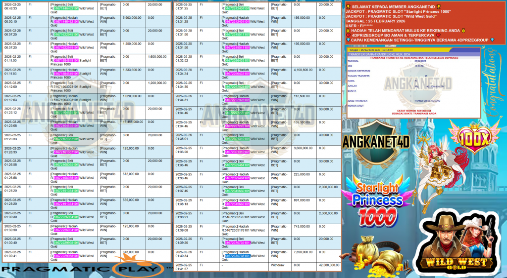 ANGKANET4D JACKPOT PRAGMATIC SLOT ”Starlight Princess 1000” & ”Wild West Gold” Rp42,500.000,- LUNAS