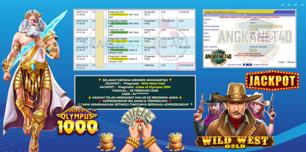 ANGKANET4D JACKPOT PRAGMATIC SLOT ” Wild West Gold , Gates of Olympus 1000 ” Rp 19.279.000 ,- LUNAS
