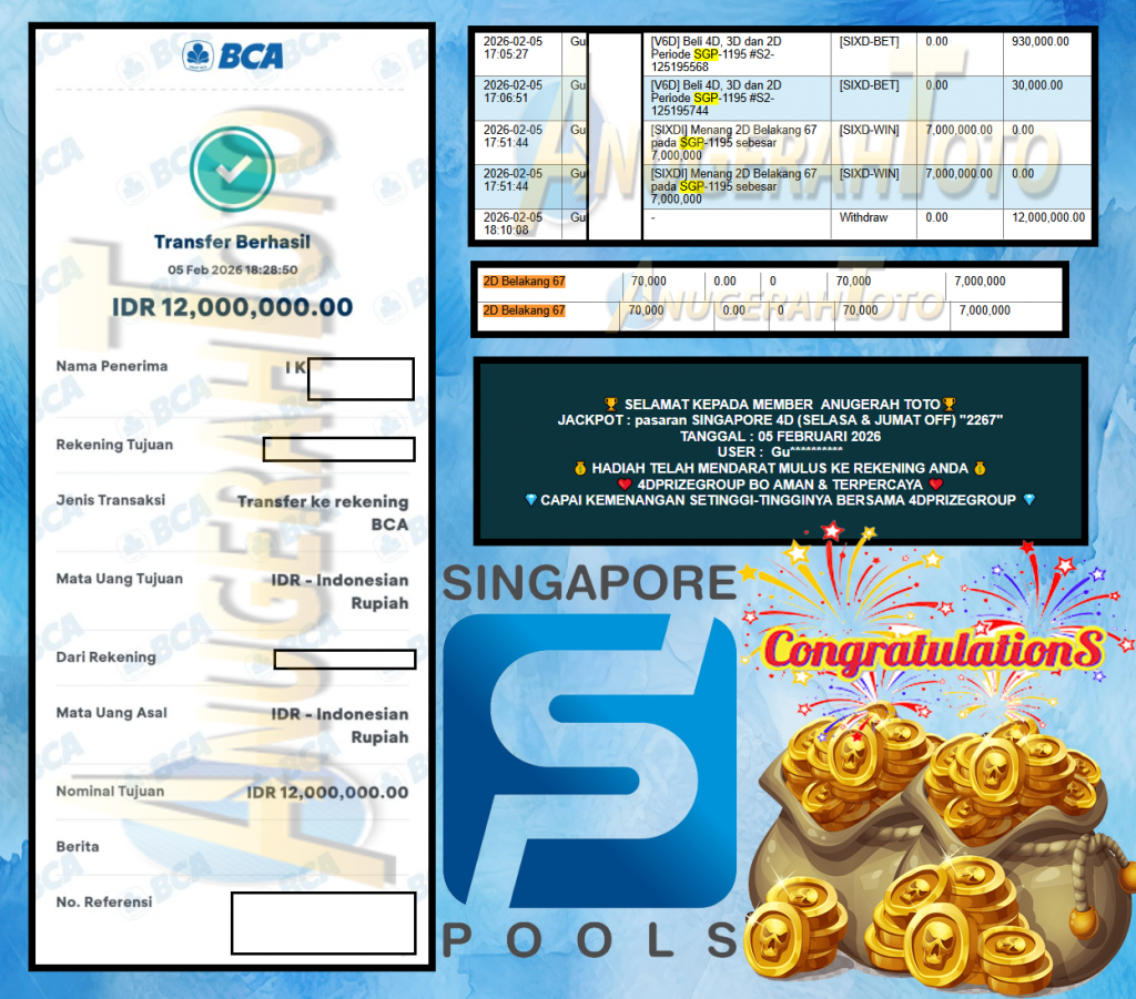 ANUGERAH TOTO PASARAN “SINGAPORE 4D (SELASA & JUMAT OFF) “2267”            Rp 12.000.000,- LUNAS