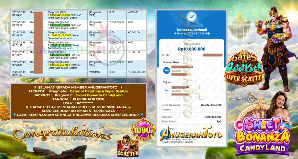 ANUGERAHTOTO JACKPOT PRAGMATIC SLOT ” Gates of Gatot Kaca Super Scatter , Sweet Bonanza CandyLand ” Rp 10.000.000,- LUNAS