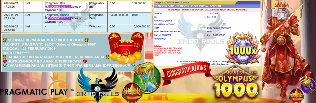 INDO4DPOOLS JACKPOT PRAGMATIC SLOT ”Gates of Olympus 1000” Rp10,000.000,- LUNAS