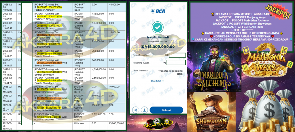 AKSARA4D JACKPOT PGSOFT “Forbidden Alchemy, Mahjong Ways,Wild Bounty Showdown”‎‎‏‏ ‎‎‏‏‎‎‏‏Rp15.000.000,- LUNAS
