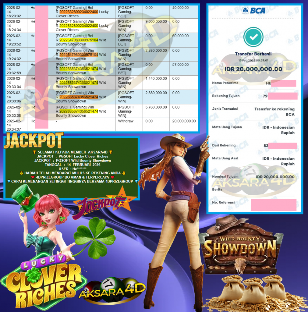 AKSARA4D JACKPOT PGSOFT “Lucky Clover Riches & Wild Bounty Showdown”‎‎‏‏ ‎‎‏‏‎‎‏‏Rp20.000.000,- LUNAS