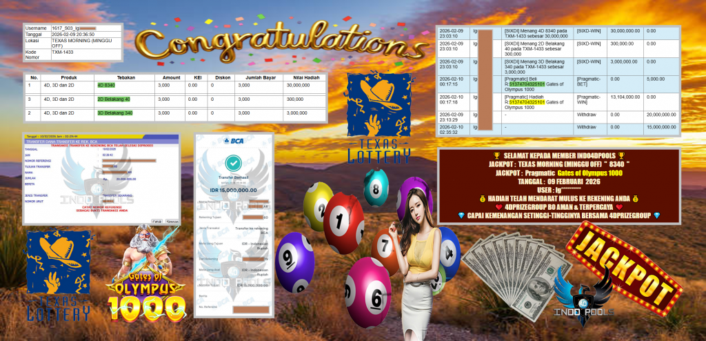 INDO4DPOOLS JACKPOT PASARAN TEXAS MORNING (MINGGU OFF) ” 8340 ” & Pragmatic Gates of Olympus 1000 Rp 35.000.000,- LUNAS