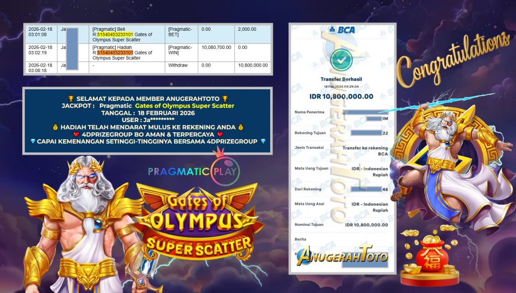 ANUGERAHTOTO JACKPOT PRAGMATIC SLOT ” Gates of Olympus Super Scatter ” Rp 10.800.000,- LUNAS