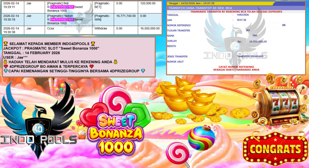 INDO4DPOOLS JACKPOT PRAGMATIC SLOT ”Sweet Bonanza 1000” Rp16,500.000,- LUNAS