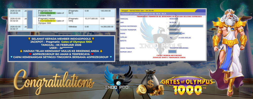 INDO4DPOOLS JACKPOT PRAGMATIC SLOT ” Gates of Olympus 1000 ” Rp 14.000.000,- LUNAS