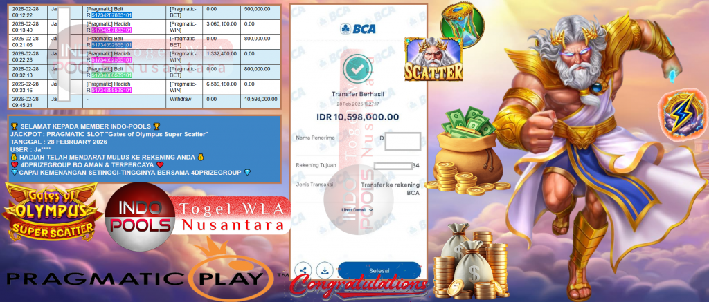 INDO-POOLS JACKPOT PRAGMATIC SLOT ”Gates of Olympus Super Scatter” Rp10,598.000,- LUNAS