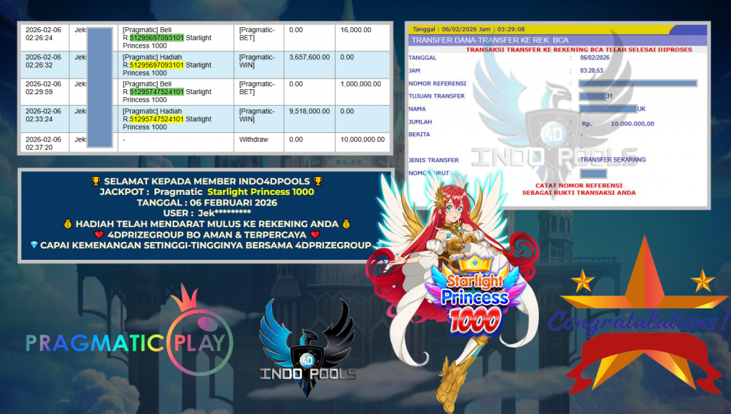 INDO4DPOOLS JACKPOT PRAGMATIC SLOT ” Starlight Princess 1000 ” Rp 10.000.000,- LUNAS
