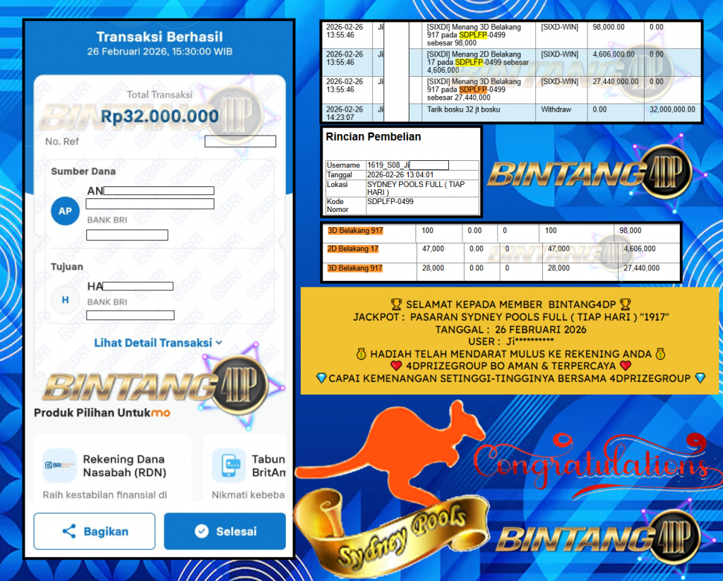 BINTANG4DP JACKPOT PASARAN ” SYDNEY POOLS FULL ( TIAP HARI ) ”1917” ” Rp 32,000.000,- LUNAS
