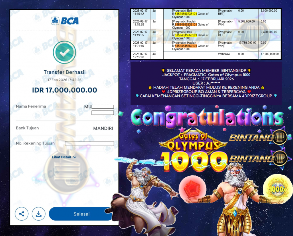BINTANG4DP JACKPOT PRAGMATIC ” Gates of Olympus 1000 ” Rp 17,000,000,- LUNAS