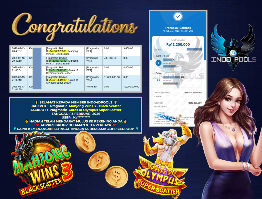 INDO4DPOOLS JACKPOT PRAGMATIC SLOT ” Mahjong Wins 3 – Black Scatter & Gates of Olympus Super Scatter ” Rp 12.200.000,- LUNAS