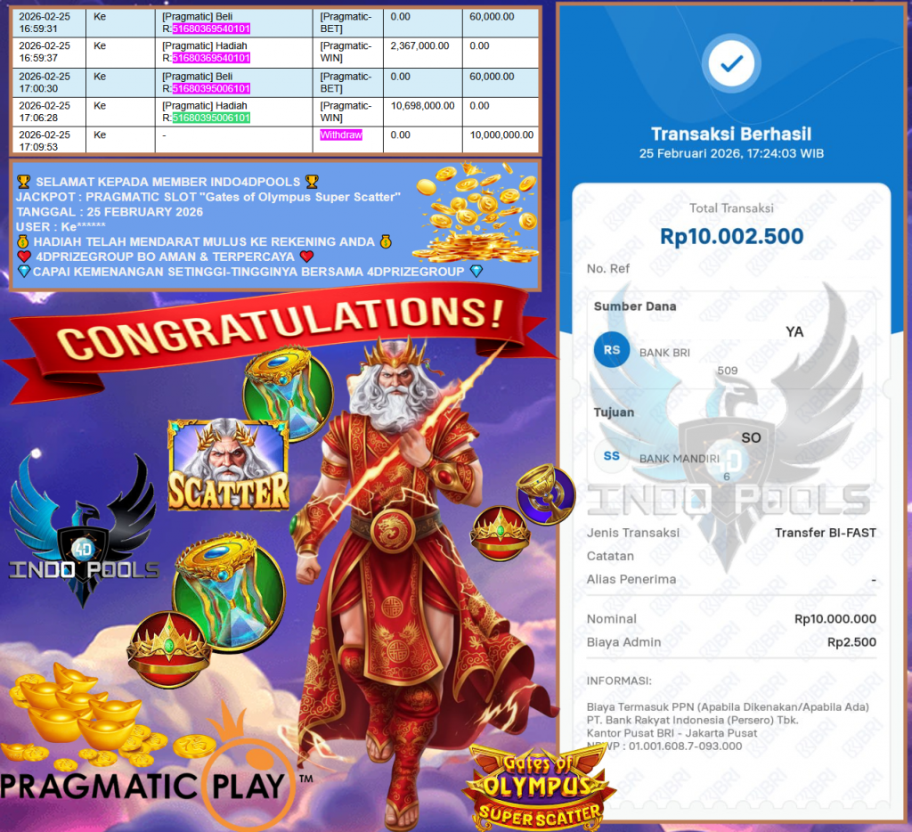 INDO4DPOOLS JACKPOT PRAGMATIC SLOT ”Gates of Olympus Super Scatter” Rp10,000.000,- LUNAS