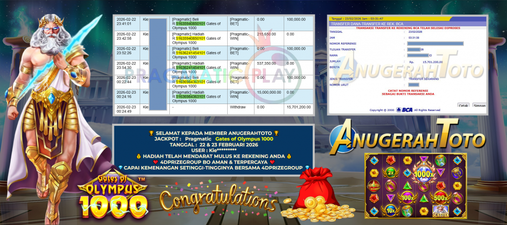 ANUGERAHTOTO JACKPOT PRAGMATIC SLOT ” Gates of Olympus 1000 ” Rp 15.701.200,- LUNAS
