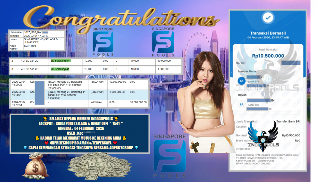 INDO4DPOOLS JACKPOT PASARAN SINGAPORE (SELASA & JUMAT OFF) “7541”‎‏‏‎ Rp 10.500.000,- LUNAS