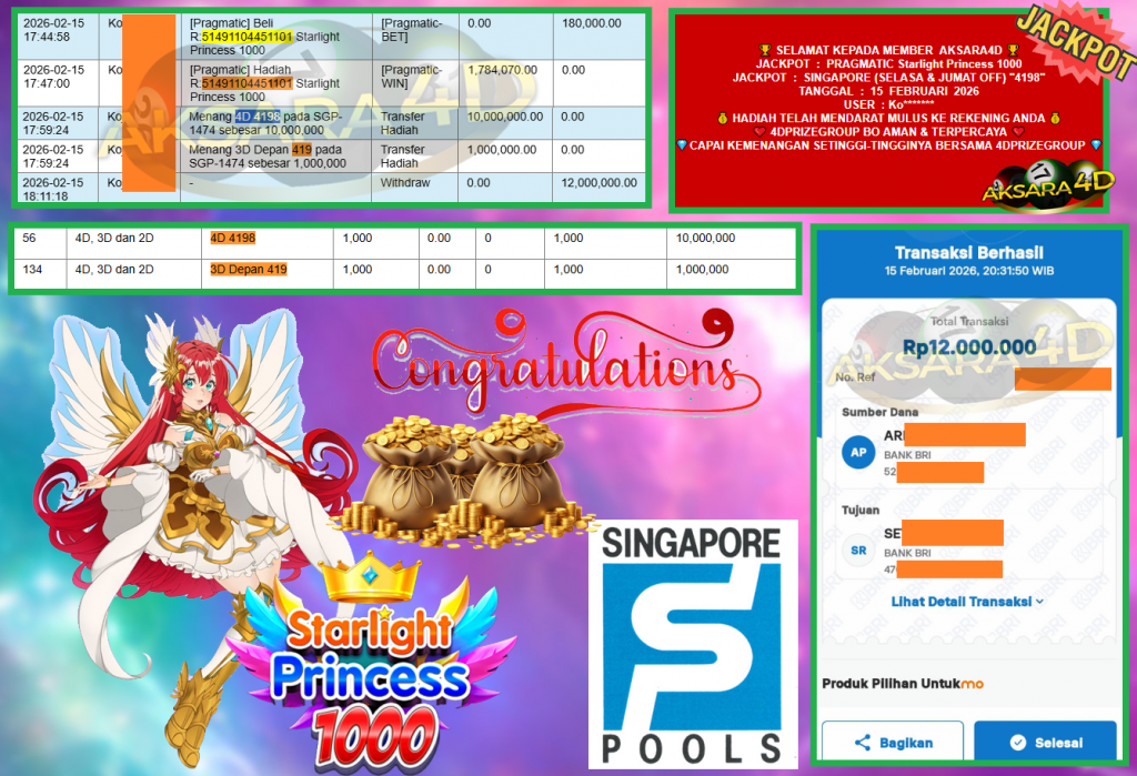 AKSARA4D JACKPOT PRAGMATIC SLOT “Starlight Princess 1000” & SINGAPORE (SELASA & JUMAT OFF) “4198” ‎‏‏‎‎ Rp12.000.000,- LUNAS