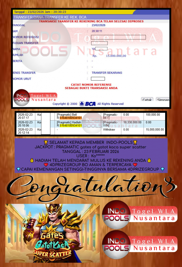 INDO-POOLS JACKPOT PRAGMATIC ” gates of gatot kaca super scatter” Rp 15.000.000,- LUNAS