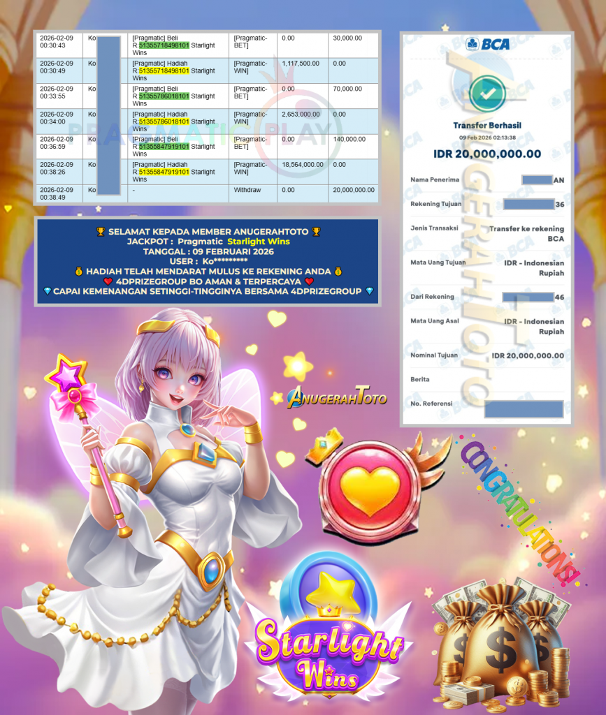 ANUGERAHTOTO JACKPOT PRAGMATIC SLOT ” Starlight Wins ” Rp 20.000.000,- LUNAS
