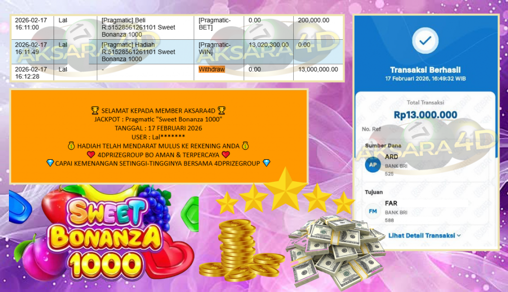 AKSARA4D JACKPOT Pragmatic “Sweet Bonanza 1000” Rp13.000.000,- LUNAS