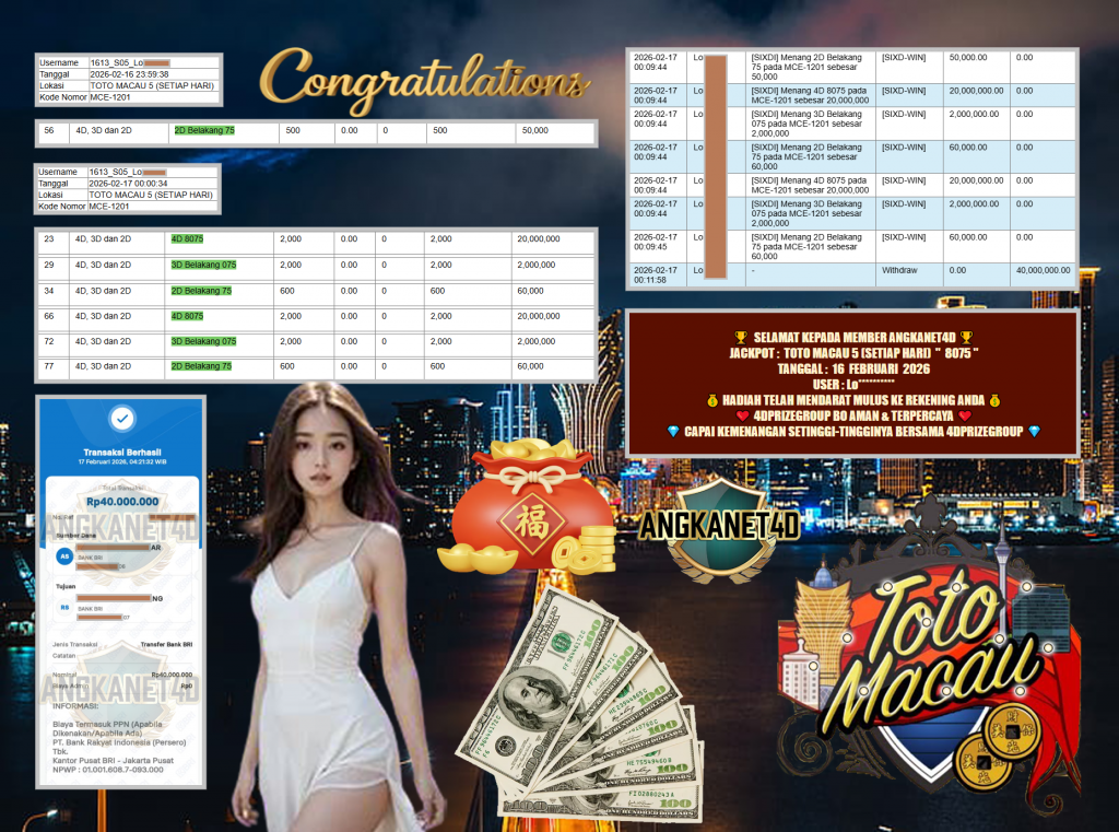 ANGKANET4D JACKPOT PASARAN TOTO MACAU 5 (SETIAP HARI) Rp 40.000.000,- LUNAS