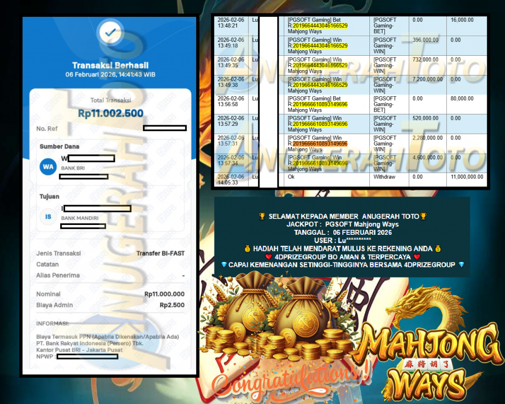ANUGERAH TOTO PGSOFT “Mahjong Ways” Rp 11.000.000,- LUNAS