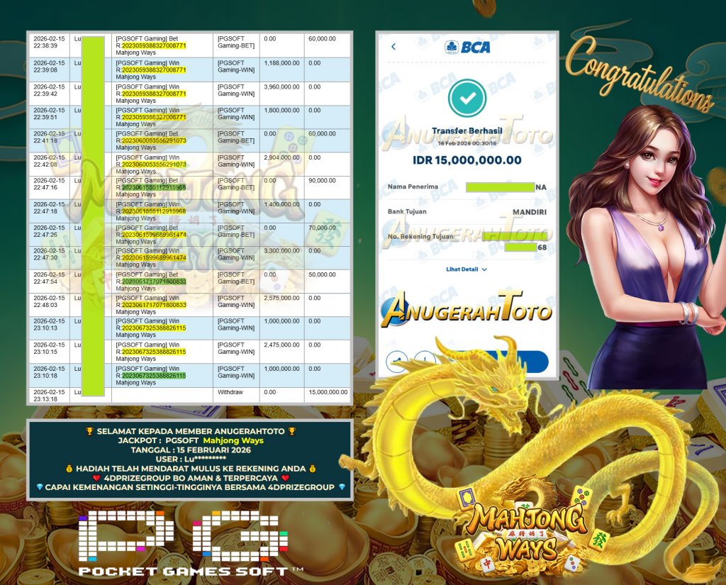 ANUGERAHTOTO JACKPOT PGSOFT Gaming ” Mahjong Ways “‎‎‏‏ ‎‎‏‏‎‎‏‏Rp 15.000.000,- LUNAS