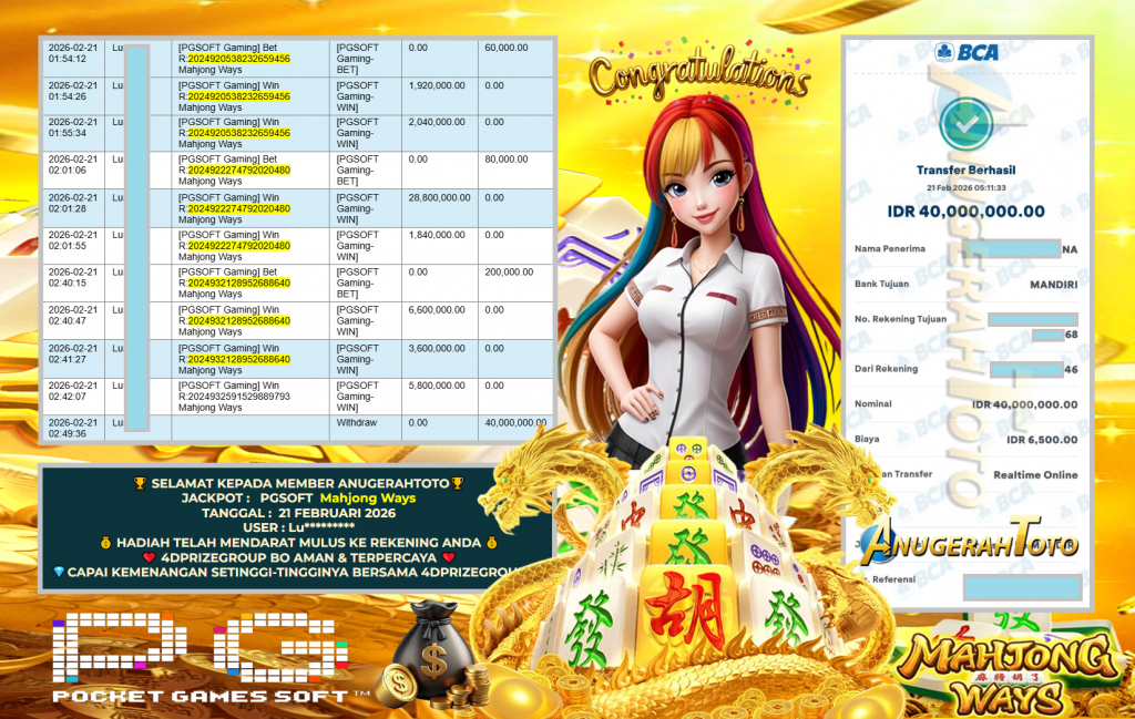ANUGERAHTOTO JACKPOT PGSOFT Gaming ” Mahjong Ways “‎‎‏‏ ‎‎‏‏‎‎‏‏Rp 40.000.000,- LUNAS