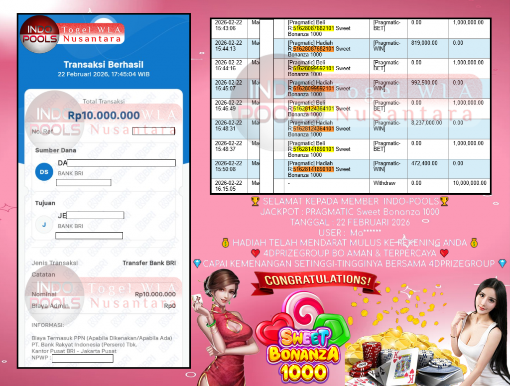 INDO-POOLS JACKPOT PRAGMATIC ” Sweet Bonanza 1000 ” Rp 10.000.000,- LUNAS