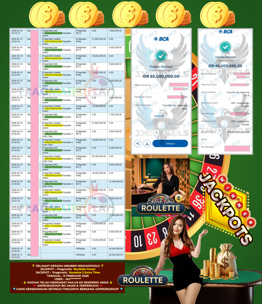 INDO4DPOOLS JACKPOT PRAGMATIC “Roulette Green , Roulette 2 Extra Time “‎‏‏‎‎ Rp 90.000.000,- LUNAS