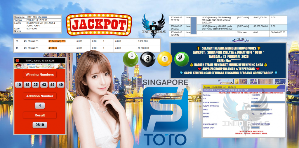 INDO4DPOOLS JACKPOT PASARAN SINGAPORE (SELASA & JUMAT OFF) ” 0819 ” Rp 50.000.000,- LUNAS