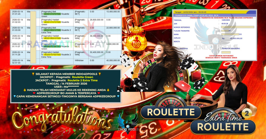 INDO4DPOOLS JACKPOT PRAGMATIC “Roulette Green , Roulette 2 Extra Time “ Rp 45.000.000,- LUNAS
