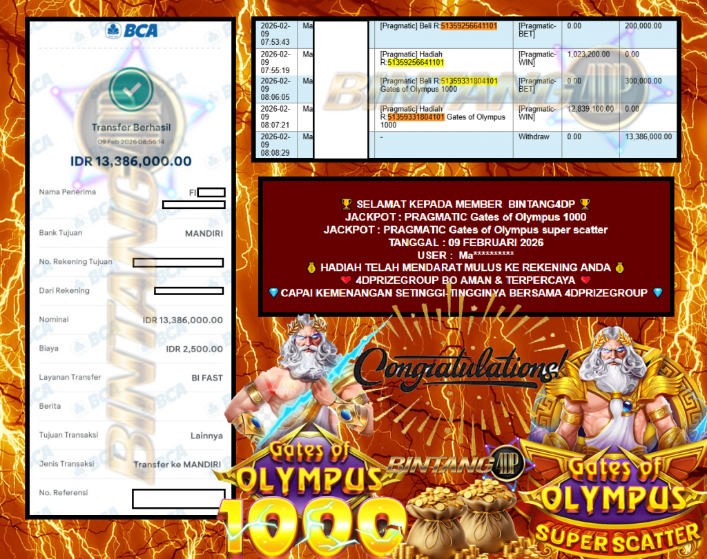BINTANG4DP PRAGMATIC “Gates of Olympus 1000” “Gates of Olympus super scatter” Rp 13.386.000,- LUNAS
