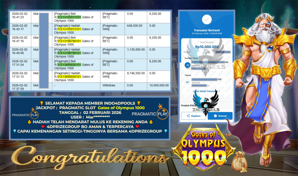 INDO4DPOOLS JACKPOT PRAGMATIC SLOT “Gates of Olympus 1000” Rp 10.000.000,- LUNAS