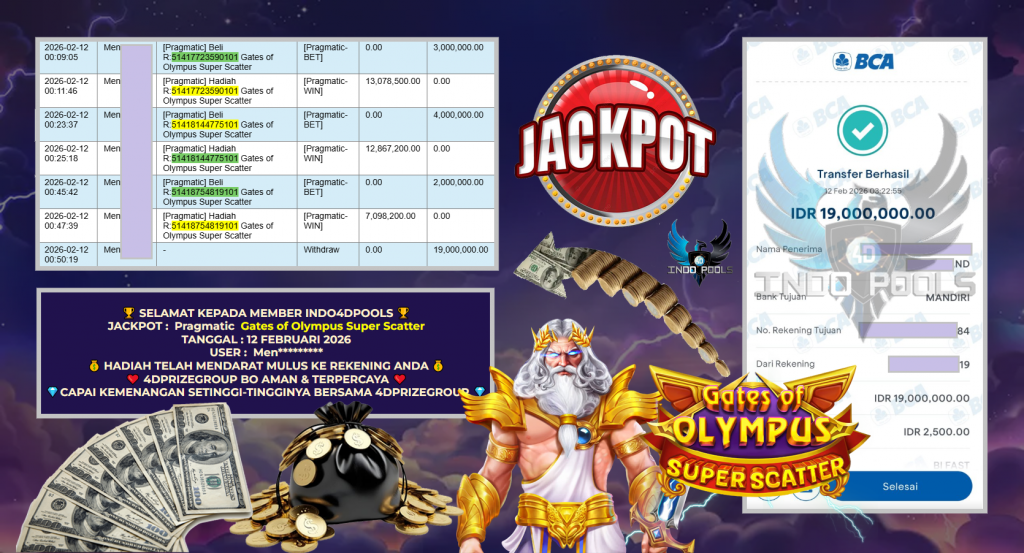 INDO4DPOOLS JACKPOT PRAGMATIC SLOT ” Gates of Olympus Super Scatter ” Rp 19.000.000,- LUNAS