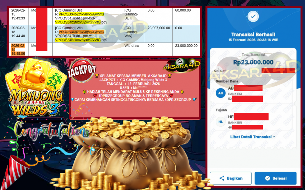 AKSARA4D JACKPOT CQ GAMING “Mahjong Wilds 3″‎‏‏‎‎ Rp23.000.000,- LUNAS
