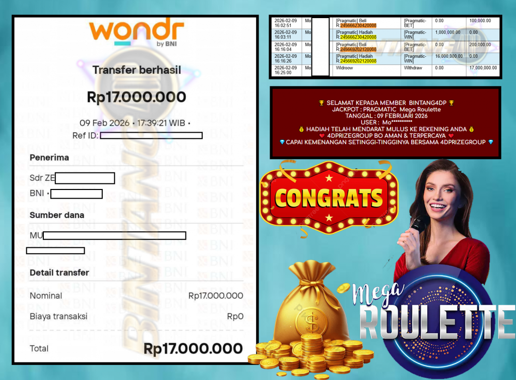 BINTANG4DP PRAGMATIC “Mega Roulette” Rp 17,000.000,- LUNAS