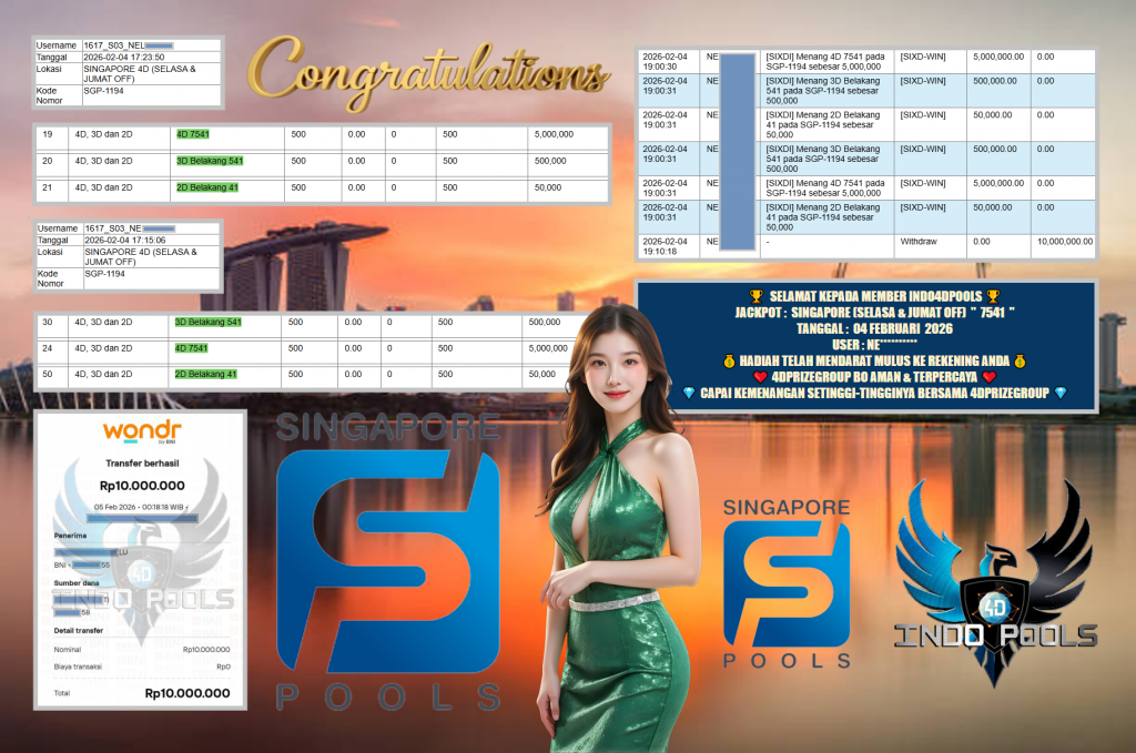 INDO4DPOOLS JACKPOT PASARAN SINGAPORE (SELASA & JUMAT OFF) “7541”‎‏‏‎ Rp 10.000.000,- LUNAS