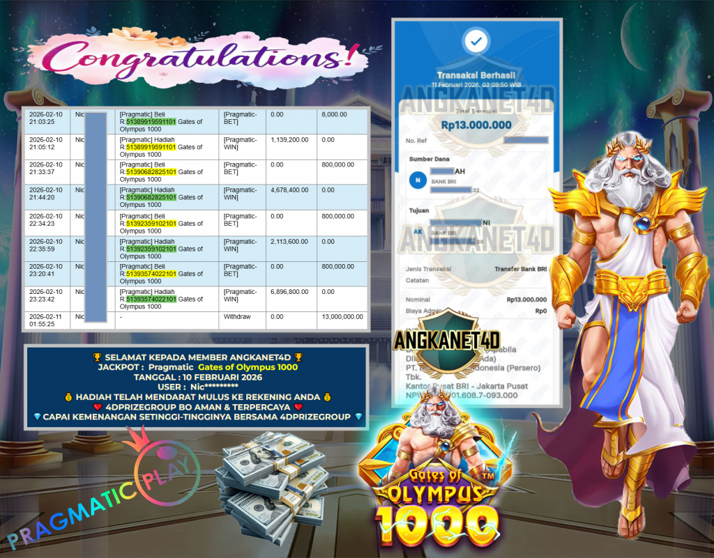 ANGKANET4D JACKPOT PRAGMATIC SLOT ” Gates of Olympus 1000 ” Rp 13.000.000,- LUNAS