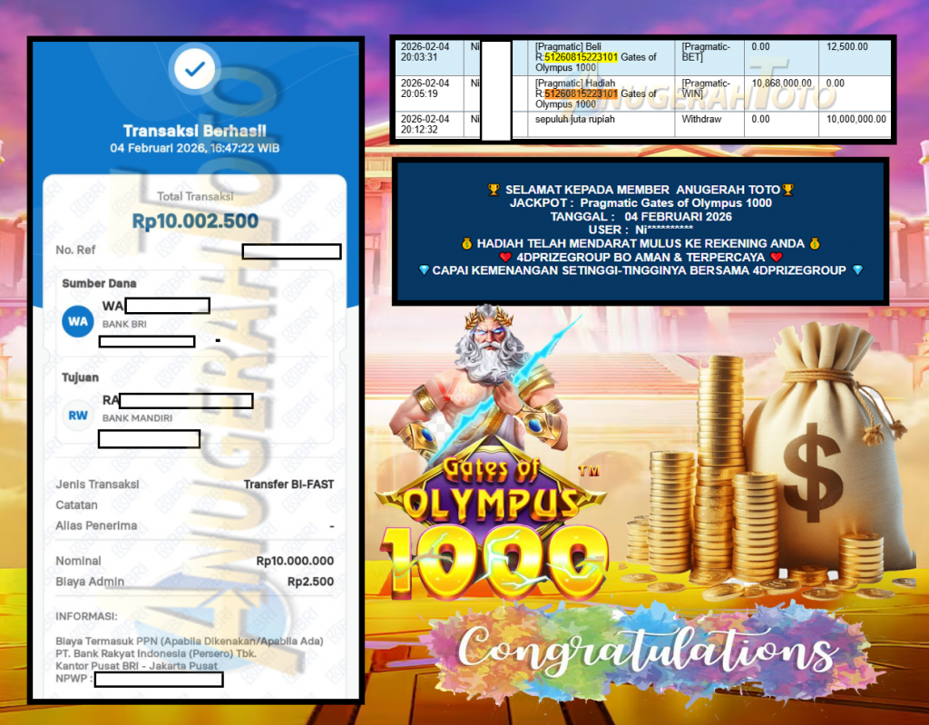 ANUGERAH TOTO Pragmatic “Gates of Olympus 1000″‏‏‎‎ Rp 10.000.000,- LUNAS