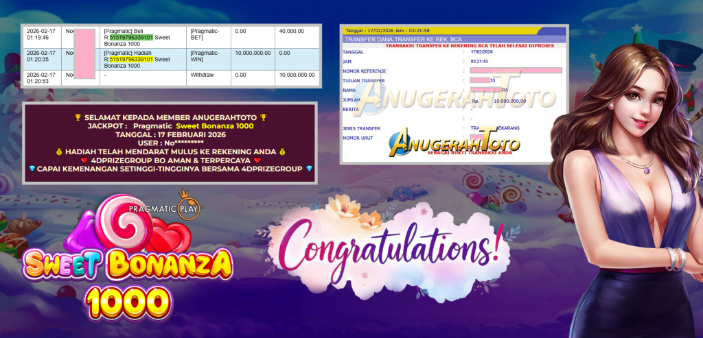 ANUGERAHTOTO JACKPOT PRAGMATIC SLOT ” Sweet Bonanza 1000 ” Rp 10.000.000,- LUNAS