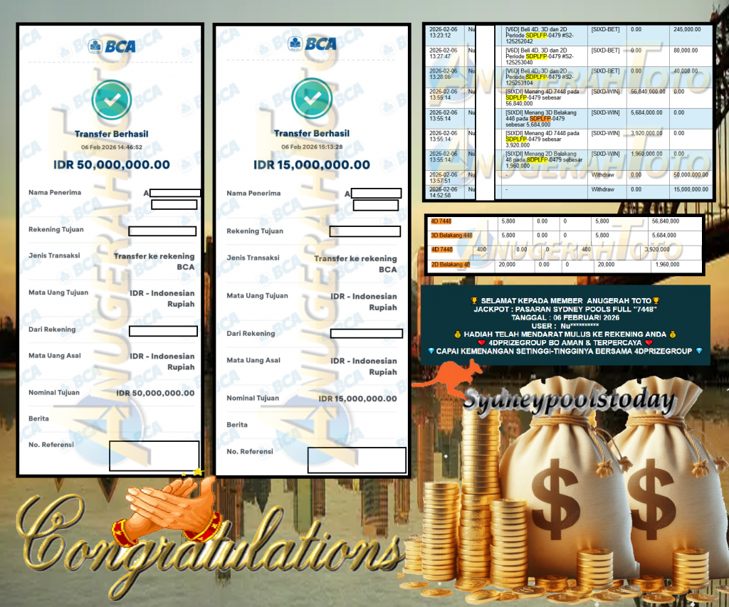 ANUGERAH TOTO PASARAN “SYDNEY POOLS FULL “7448” Rp 65.000.000,- LUNAS