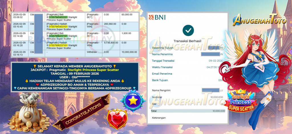 ANUGERAHTOTO JACKPOT PRAGMATIC SLOT ” Starlight Princess Super Scatter ” Rp 10.000.000,- LUNAS