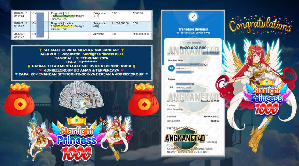 ANGKANET4D JACKPOT PRAGMATIC SLOT ” Starlight Princess 1000 ” Rp 20.000.000,- LUNAS