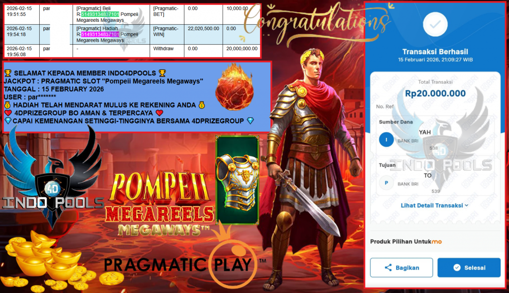 INDO4DPOOLS JACKPOT PRAGMATIC SLOT ”Pompeii Megareels Megaways” Rp20,000.000,- LUNAS