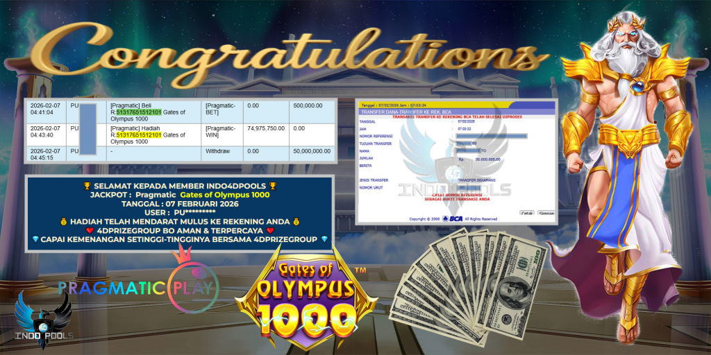 INDO4DPOOLS JACKPOT PRAGMATIC SLOT ” Gates of Olympus 1000 ” Rp 50.000.000,- LUNAS