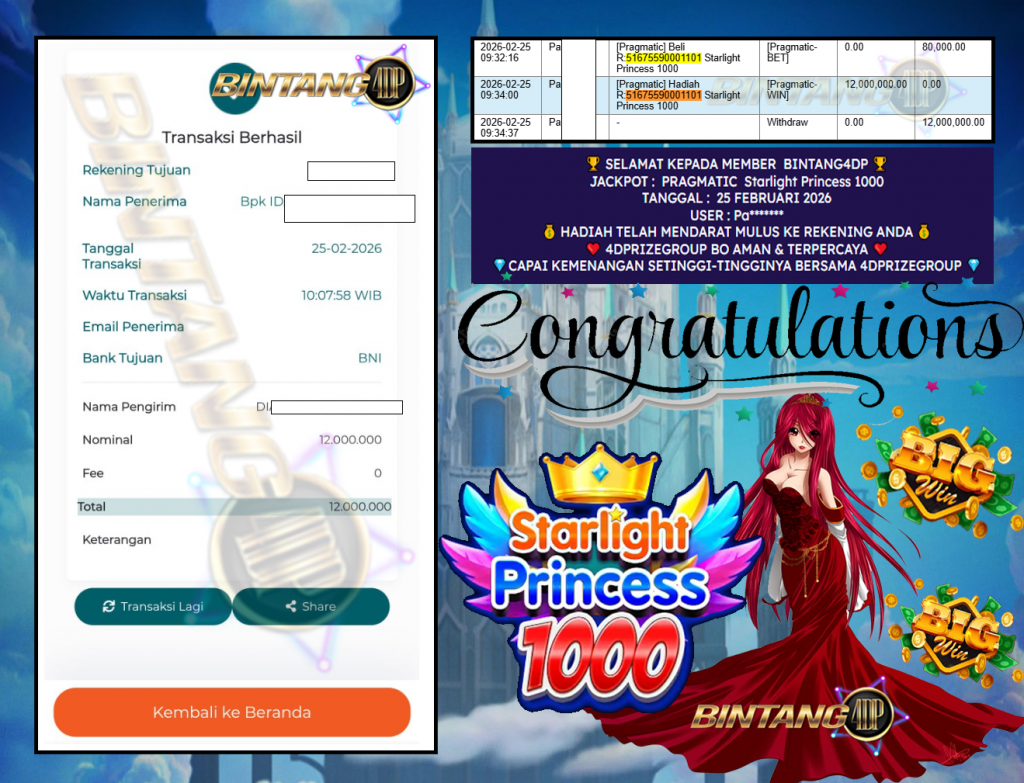 BINTANG4DP JACKPOT PRAGMATIC ” Starlight Princess 1000 ” Rp 12,000,000,- LUNAS