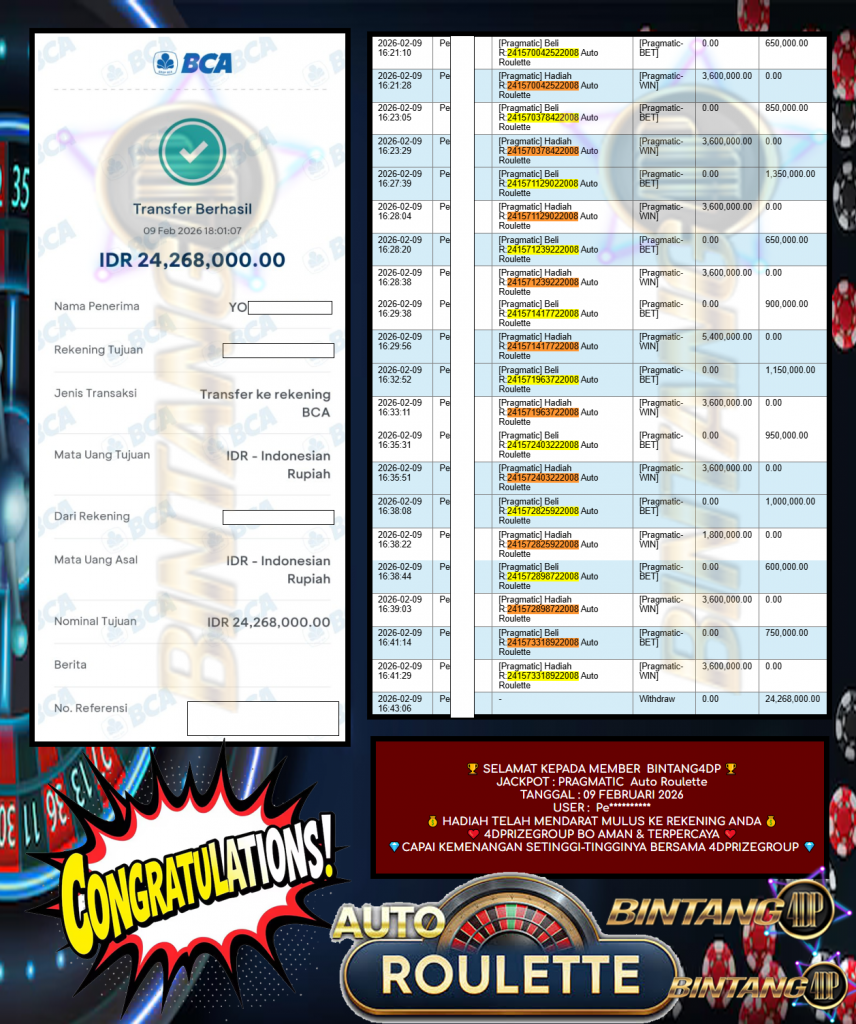 BINTANG4DP JACKPOT PRAGMATIC “Auto Roulette” Rp 24,268.000,- LUNAS