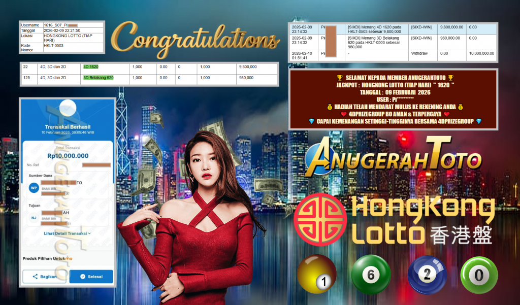 ANUGERAHTOTO JACKPOT PASARAN HONGKONG LOTTO (TIAP HARI) ” 1620 ” Rp 10.000.000,- LUNAS