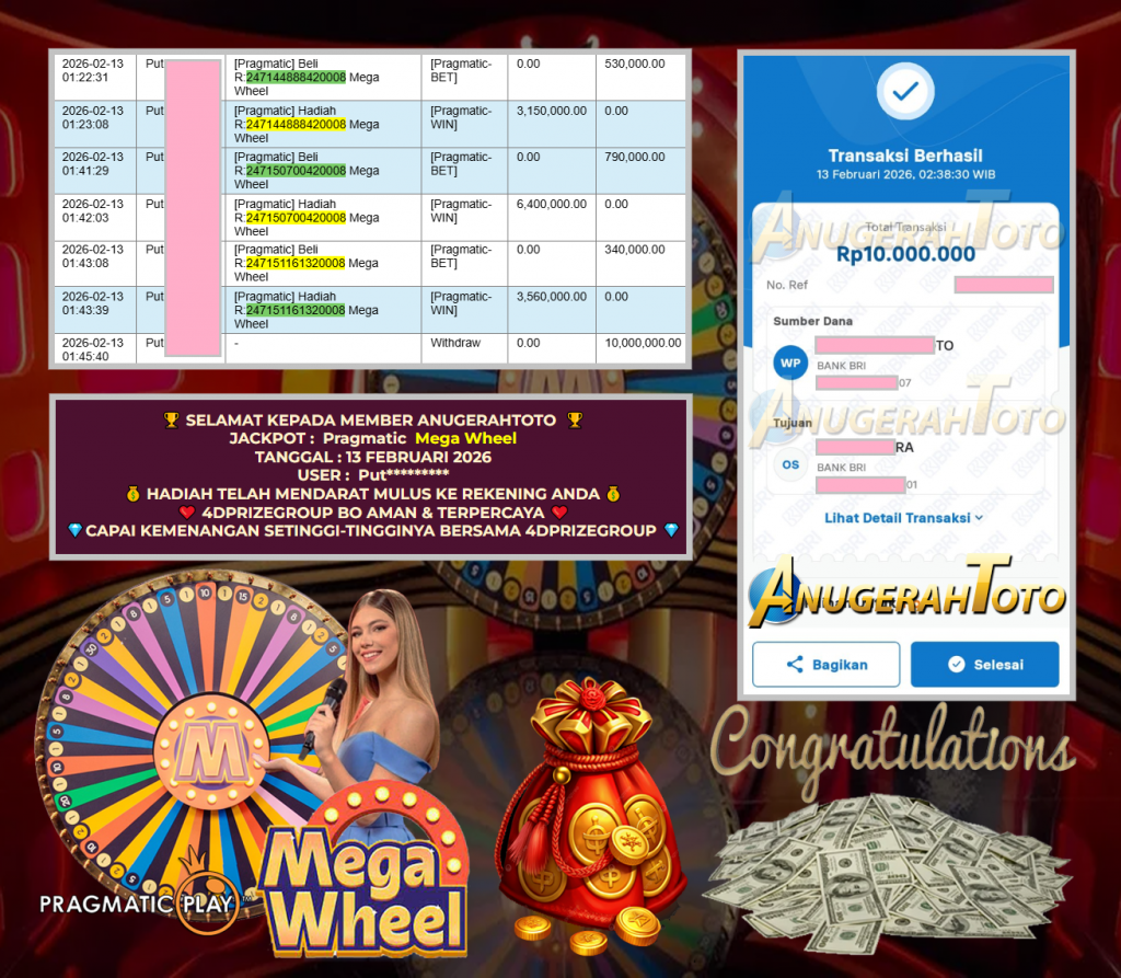 ANUGERAHTOTO JACKPOT PRAGMATIC LIVE GAME ” Mega Wheel ” ‎‏‏‎Rp 10.000.000,- LUNAS