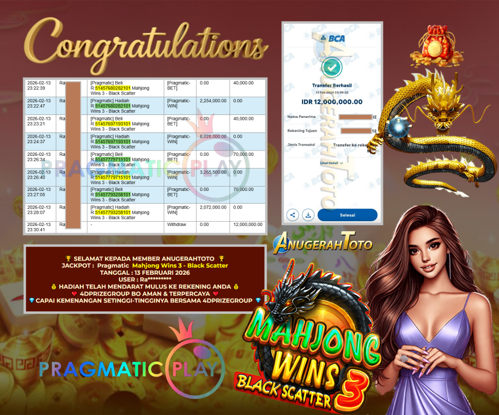 ANUGERAHTOTO JACKPOT PRAGMATIC SLOT ” Mahjong Wins 3 – Black Scatter ” Rp 12.000.000,- LUNAS